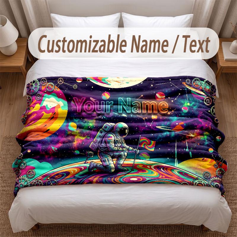 Astronaut Space Theme Soft Blanket Personalized Custom Name Text Print Warm Blanket Home Sofa Bedroom Decor