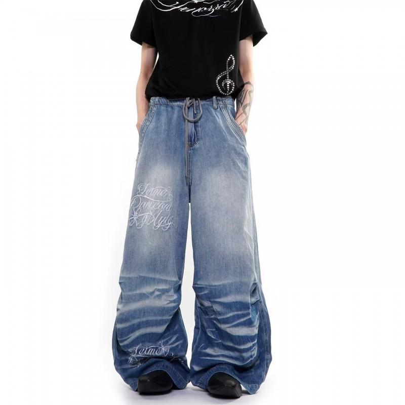 Womens High-Waisted Wide-Leg Denim Pants With Embroidered Pocket Washed Vintage Loose Fit