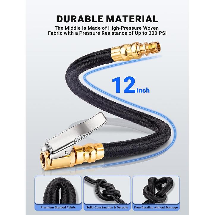 12'' Tire Inflator Extension Hose, Tyre Pump Clip-On Air Chuck Adapter for Quick-Inflation Lock, High-Pressure Tube Quick Connect for Car Motorcycle
