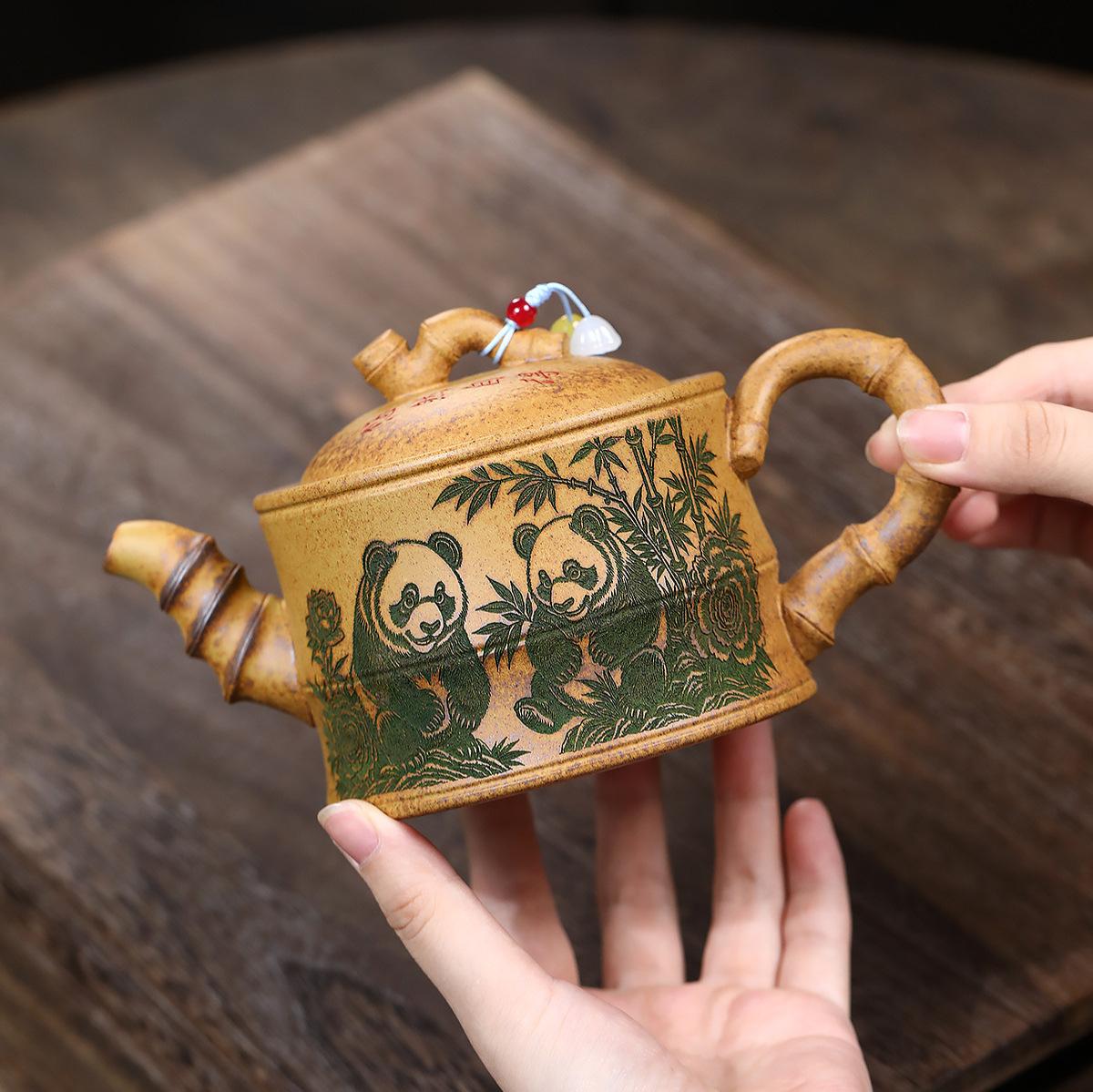 

390ml Ancient Yixing Purple Clay Teapots Handmade Panda Bamboo Pot Raw Ore Wood-fired Porcelain Mud Kettle Zisha Tea Set Teaware