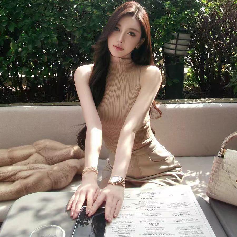 

Women s Slim Fit Turtleneck Stretchy Sleeveless Vest Knit Sweater Sexy Temperament Fitted Lining Top M хакі