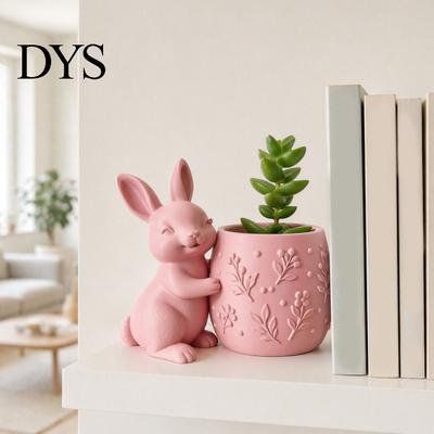 Decorative Mini Planter 3D Printed Bunny Hugging Succulents Planter, Cute Rabbit Flower Pot with Embossed Desktop Floral Body, Desk Decor for