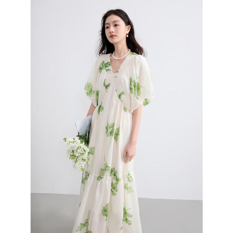

Sancai 2025 Summer French Style Printed V-Neck Puff Sleeve A-line Maxi Dress S 155/80A