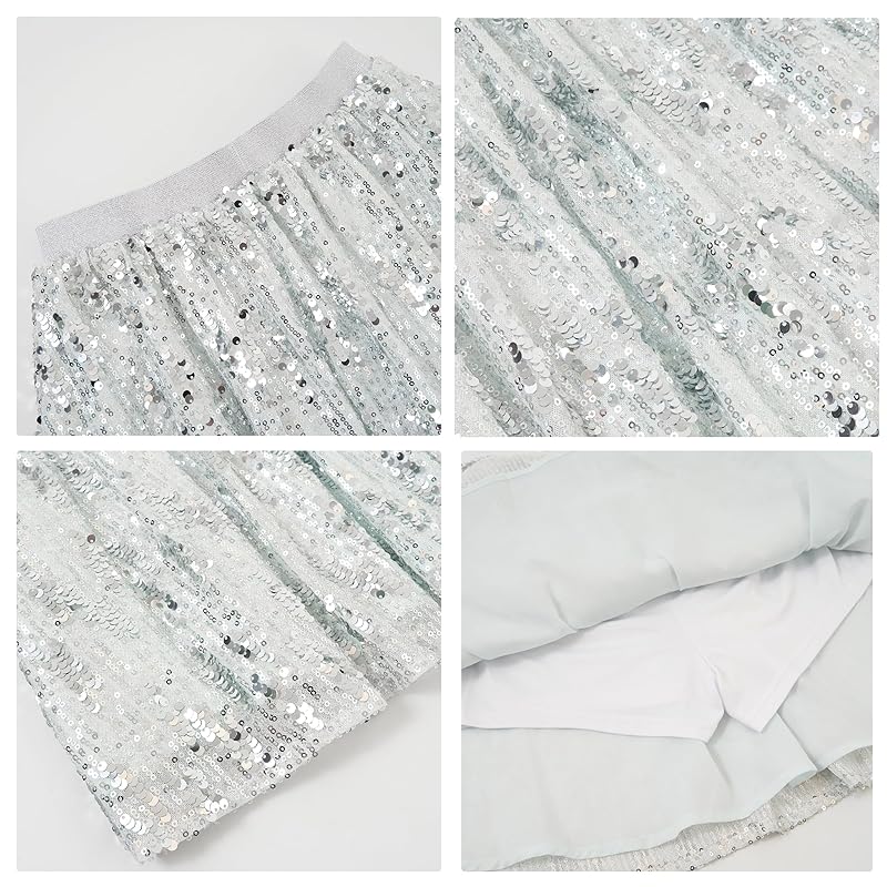 [Rolanko] sequins skirt kids girl dance skirt With inner pants everyday wear dance recital halloween cosplay disguise Christmas present silver 150