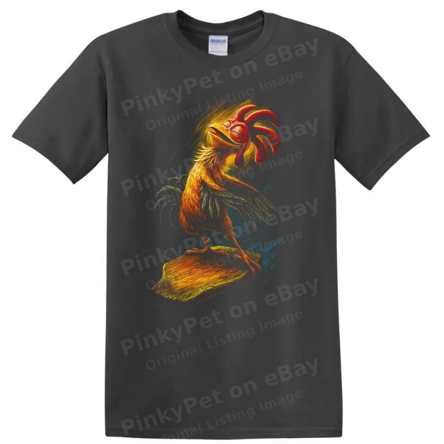 Surfing Rooster T Shirt Colorful Bird Art Beach Comedy Tee