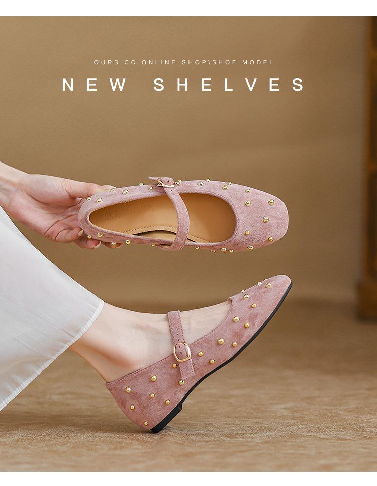 Suede rivets inner height increase single shoes women's spring and autumn 2025 new Chinese style national style with horse skirt one-word buckle singl