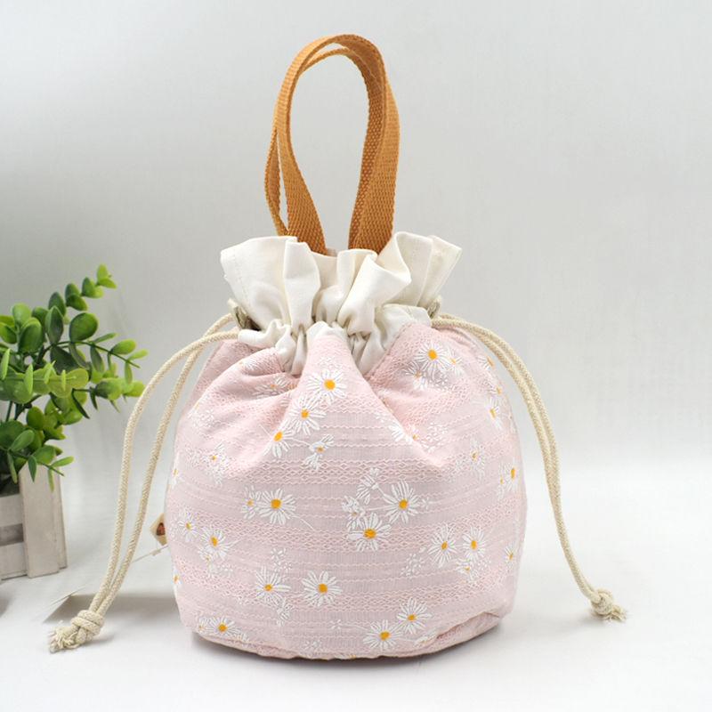 Canvas Bucket Bag, Women's Japanese Style Portable Bento Bag, Retro Artistic Small Bag, Drawstring Bag, Hand-held Lunch Box Bag