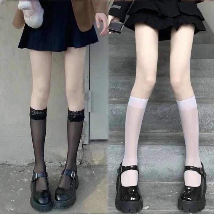 Lolita Summer Nylon Floral Lace Trim Calf Socks Ultra-Thin Transparent Sheer Knee High Socks Jk Girl Women Long Kawaii Stockings