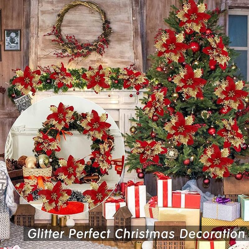 5/10/20Pcs Christmas Flower Ornaments,pink,red,gold,glitter Artifical Flowers for Christmas Tree,xmas Decoration for Home