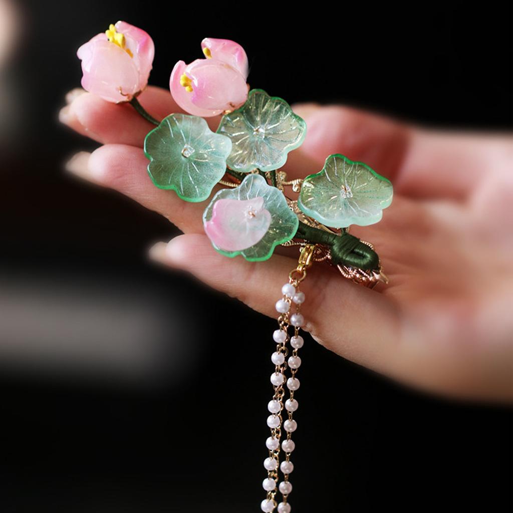 Lotus Hair Clip for Women Alloy Floral Hairpin with Imitation Pearl and Tassel, Traditional Chinese Style for Hanfu Cheongsam Wedding