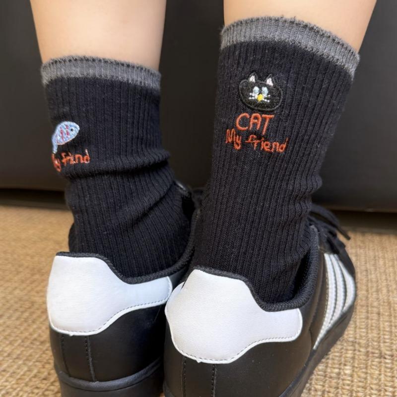 Chaussettes en coton à poils longs pour femmes, nouveau style d'automne, version AB personnalisée, chat brodé, petit poisson, lettres, à poils longs tubulaires