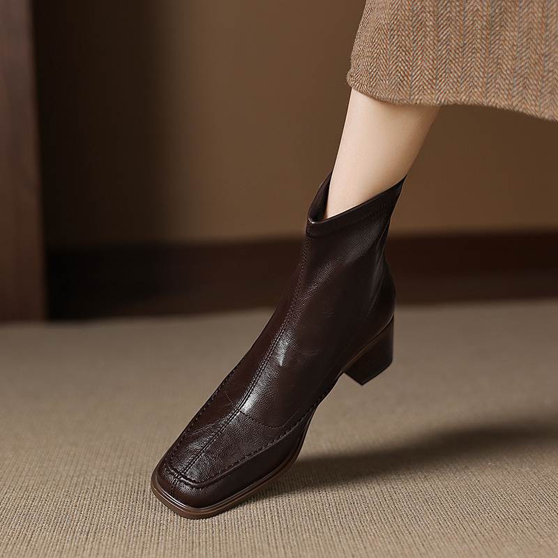 Krazing Pot Botines Chelsea de Puntera Cuadrada con Tacón Grueso de Microfibra Talla 42 Cremallera Decoración Plisada para Mujer Botines Elásticos en el Tobillo