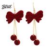 Long Chain Pom Earrings 1 Pair Velvet Bow for Women Red Christmas Bowknot Dangle Drop Cute Hanging with Ball Charm Jewelry Gift New Year Xmas
