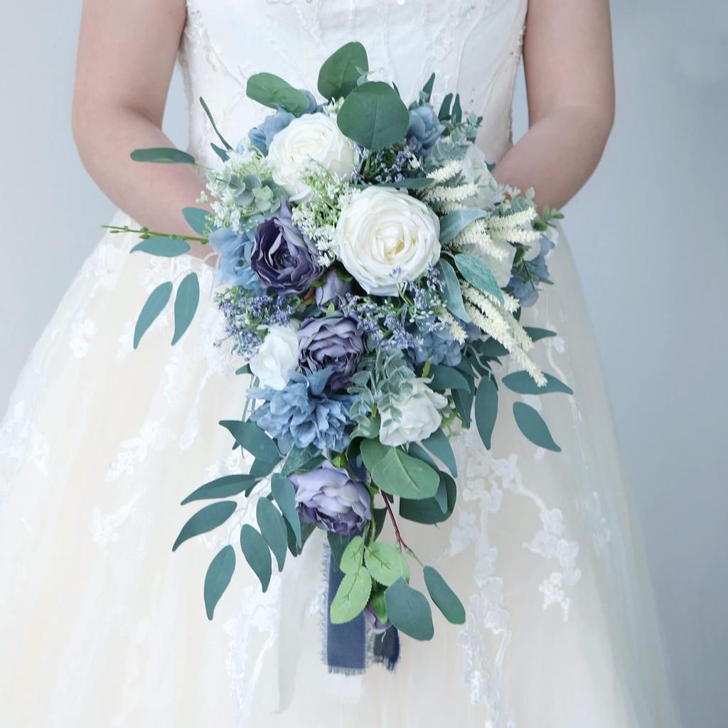 9 Inches Dusty Blue Cascading Bride Bouquet Waterfall Wedding Flower, Rose Peony Bride Bouquet with Eucalyptus for Centerpiece, Party and Wedding