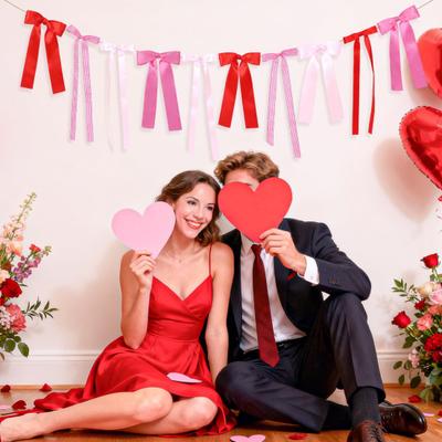 Valentinstag Schleifengirlande für Brautparty Junggesellinnenabschied Hochzeit Verlobung Rotes Rosa Band Schleifenbanner für Kaminsims Wand Raumdekoration