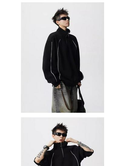 Men's 2025 Spring/Autumn Striped Color Block Half-Zip High-Neck Hoodie - Trendy Loose Heavyweight Top