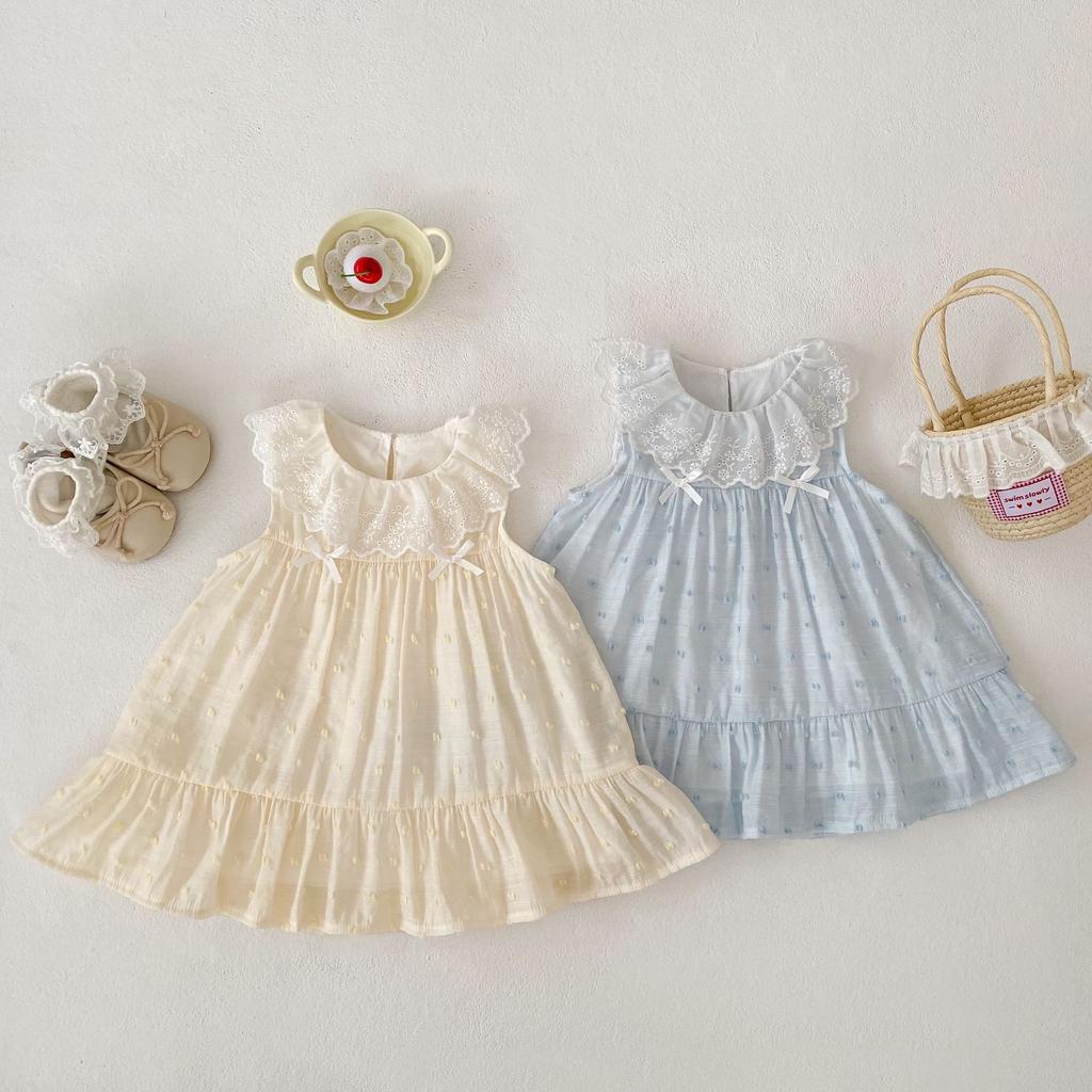 Girls Summer Sleeveless Floral Lace Trim Ruffled Princess Dress