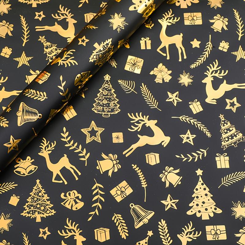 1pc Extra-Long Premium Retro Black & Golden Christmas Wrapping Paper with Golden Reindeer, Trees, Snowflakes, Craft Paper