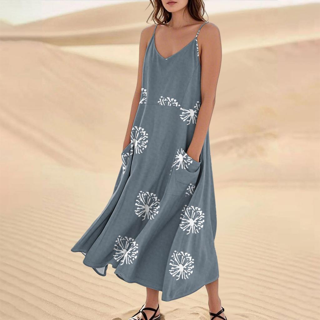 Women's Casual V Neck Dot Print Sleeveless Pocket Suspender Dress
