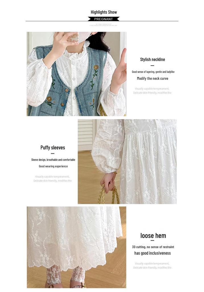 Early Spring Off-White French Style Embroidered Dress & Vintage Denim Vest Set