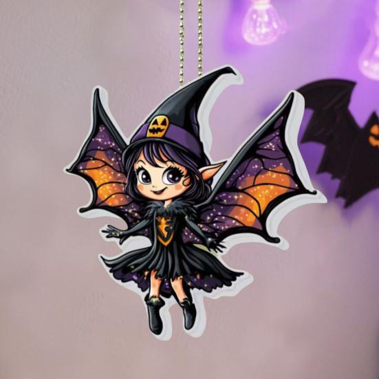 

Halloween Car Rearview Mirror Charm Cartoon Bat/Cat/Ghost/Witch Acrylic Pendant 2D Flat Auto Interior Accessories for Cat Backpack Phone D