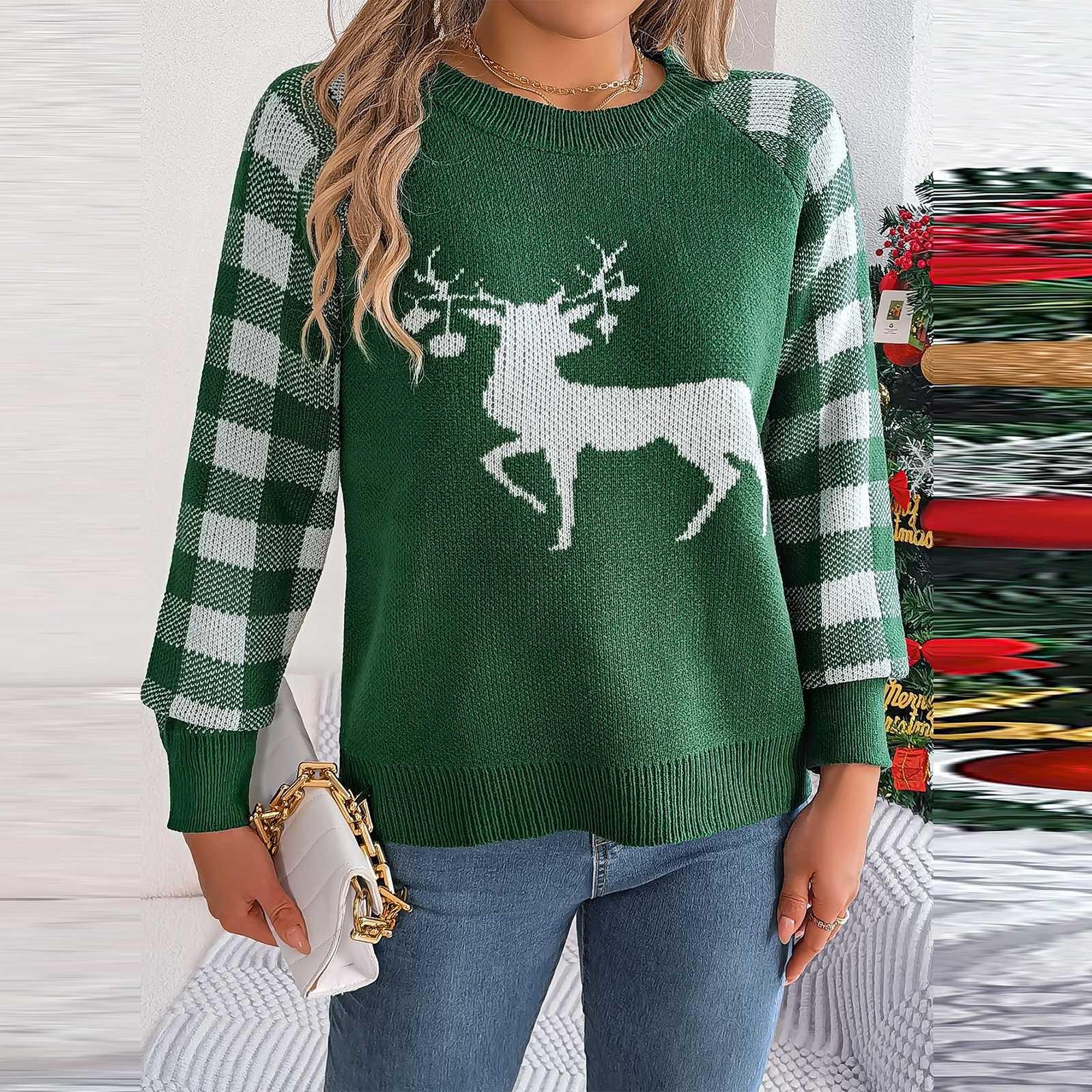 

Женская мода повседневный свободный рождественский клетчатый узор оленя контрастного цвета свитер с длинным рукавом пуловер топ M зелёный