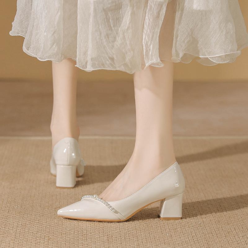 Wedding Shoes Bride Shoes New Temperament Pointed High Heels Women's Pearl Thick Heel Single Shoes Bridesmaid Shoes Women