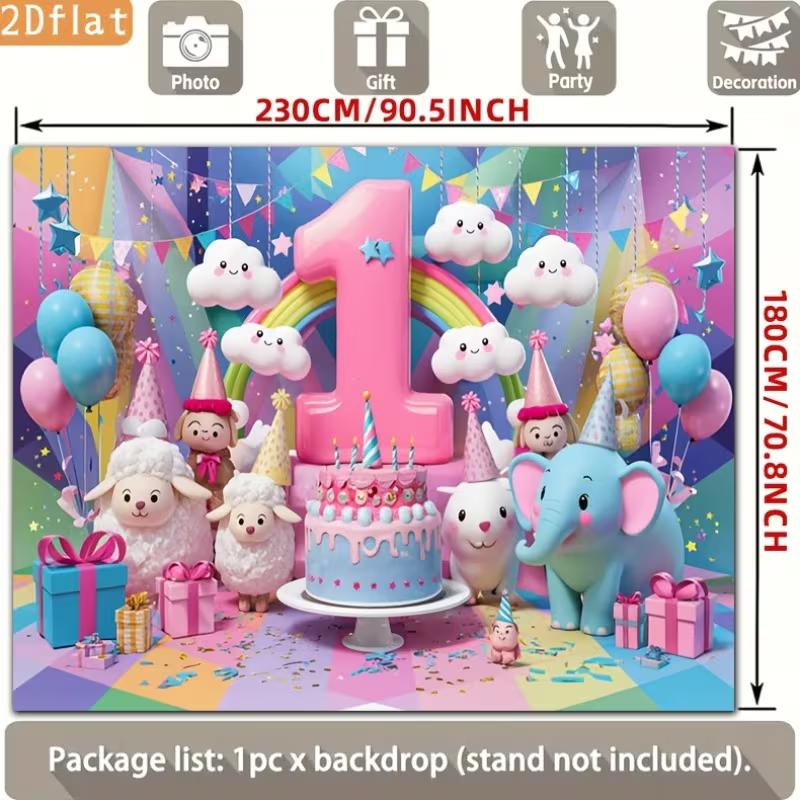 2D 1st Birthday Photography Backdrop Cartoon Animals & Rainbow Baby Shower Background