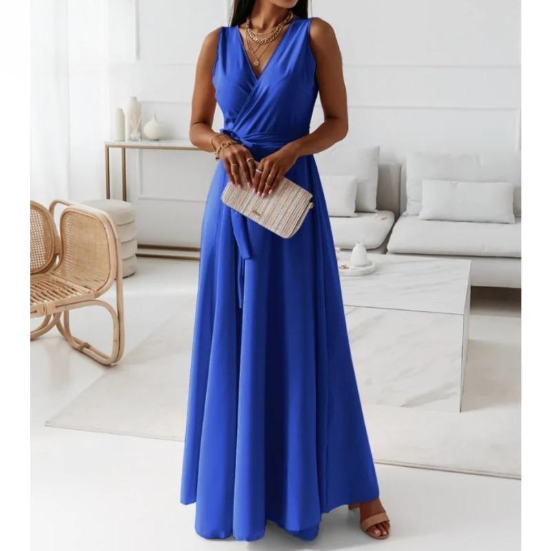 Women's Fashion Summer Spring Solid Color Print Sleeveless V-Neck High Waist Casual Dresses