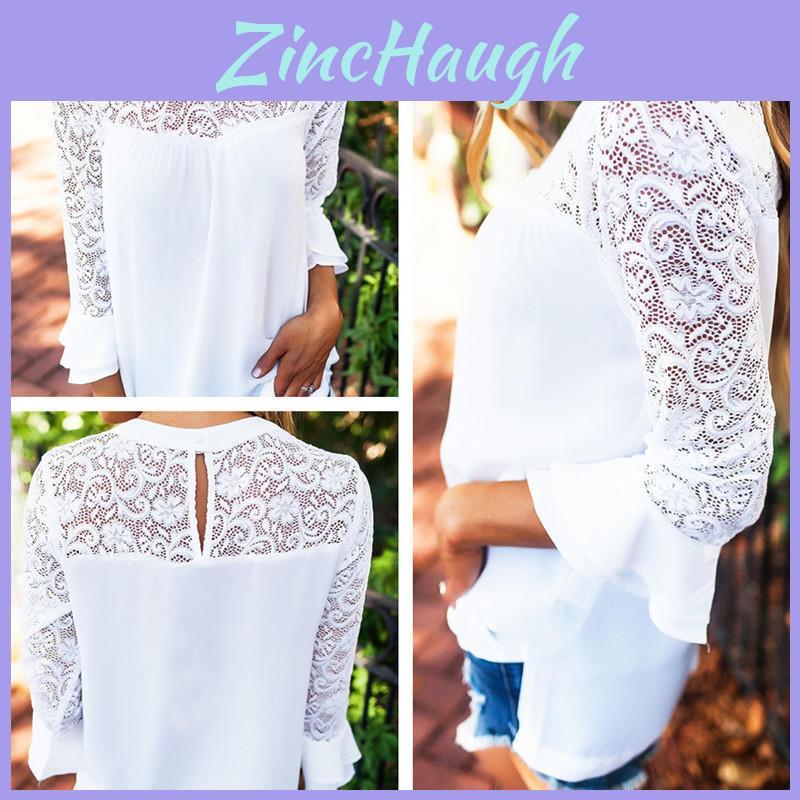 Elegant Chiffon Lace Blouse Loose Fit Pullover Long Sleeve T-shirt For Women