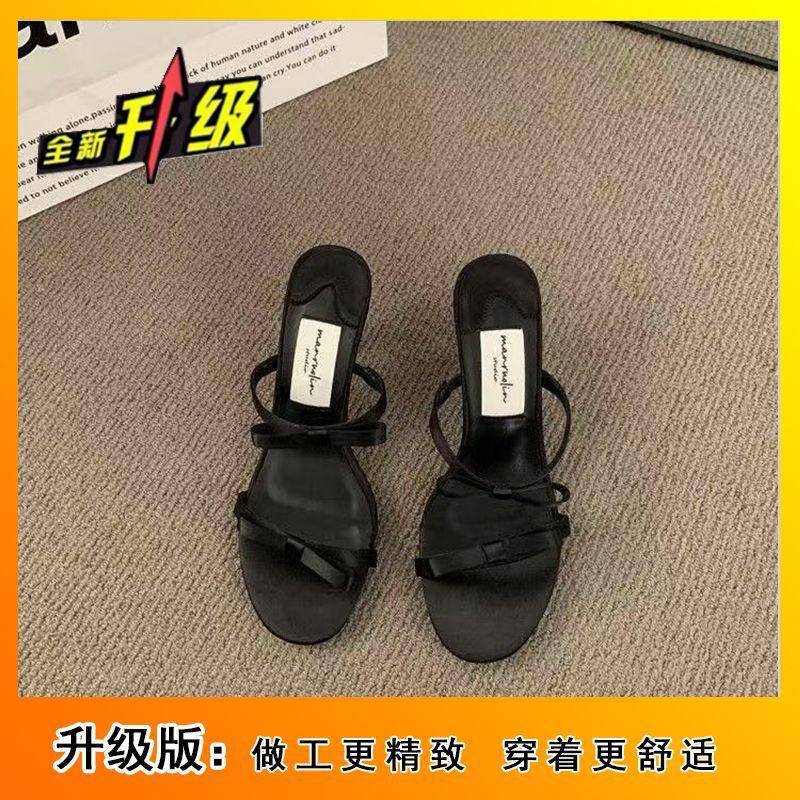 Bow square head open-toed high heels versatile slippers French stiletto strap sandals women's 2025 summer and autumn new models