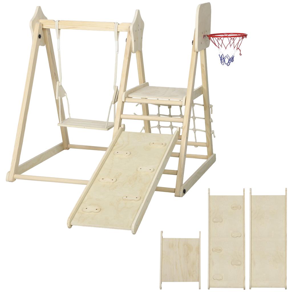5-in-1 Indoor Climbing Frame with Slide, Swing, Climbing Net, Basketball Hoop, Foldable, 3-6 Years, Natural Wood