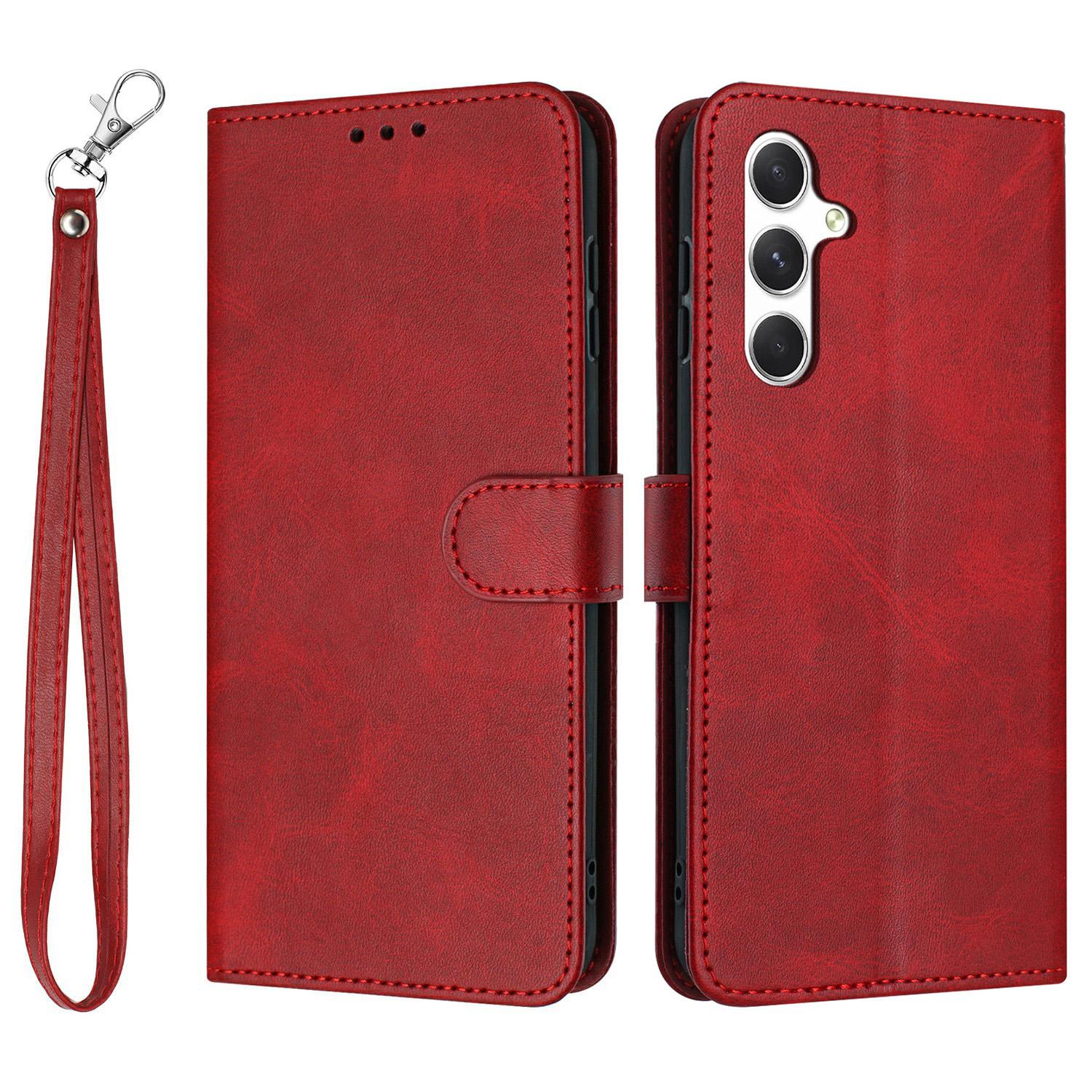 

For Samsung Galaxy S25 FE Case Flip Stand Calf Texture PU Leather Wallet Phone Cover with Strap Red