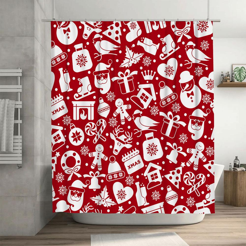 X-Mas Decorative Shower Curtain For Bathtub With Red Snowman Santa Claus Pattern Waterproof Home Decoration 69 X 70 Inches