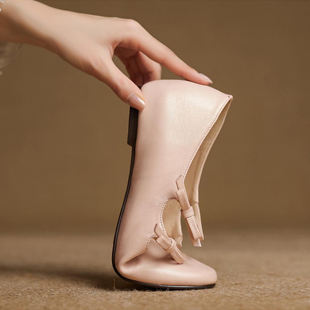 French Round Head Bow Mary Jane Shoes Women's New Shallow Mouth Flat Sole Shoes Versatile Leather Shallow Mouth Women's Shoes