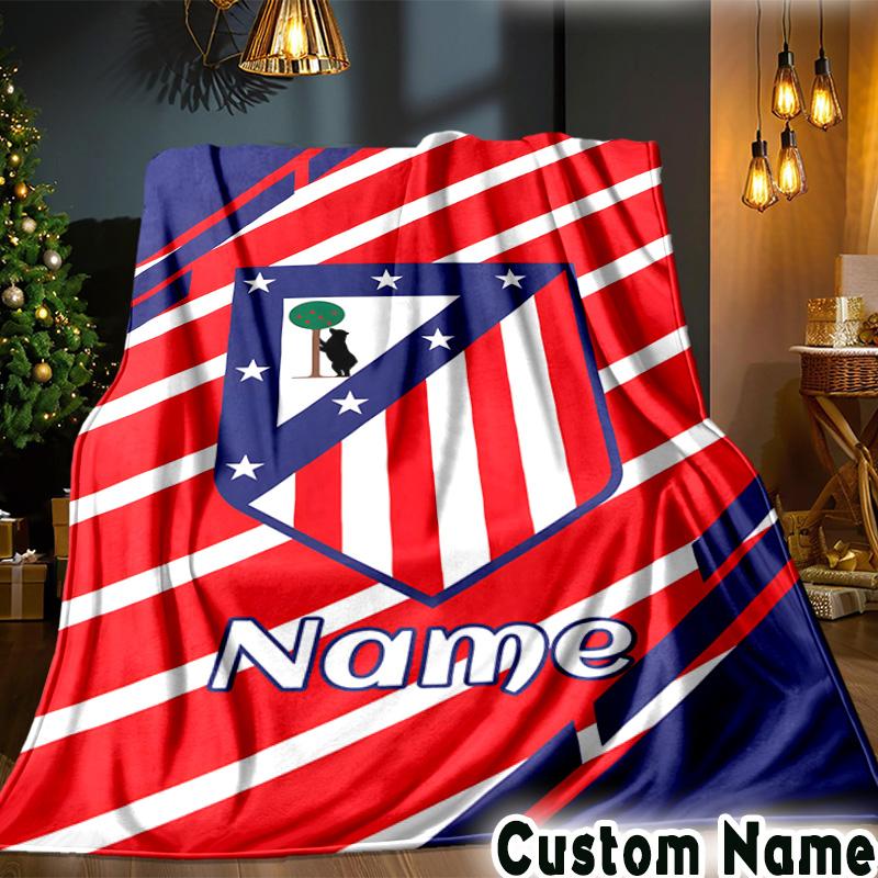 Custom Name Atletico Madrid Crest Throws Blanket Flannel Blankets for Couch Bed Gifts for Men Women Picnic blanket Christmas fan gifts