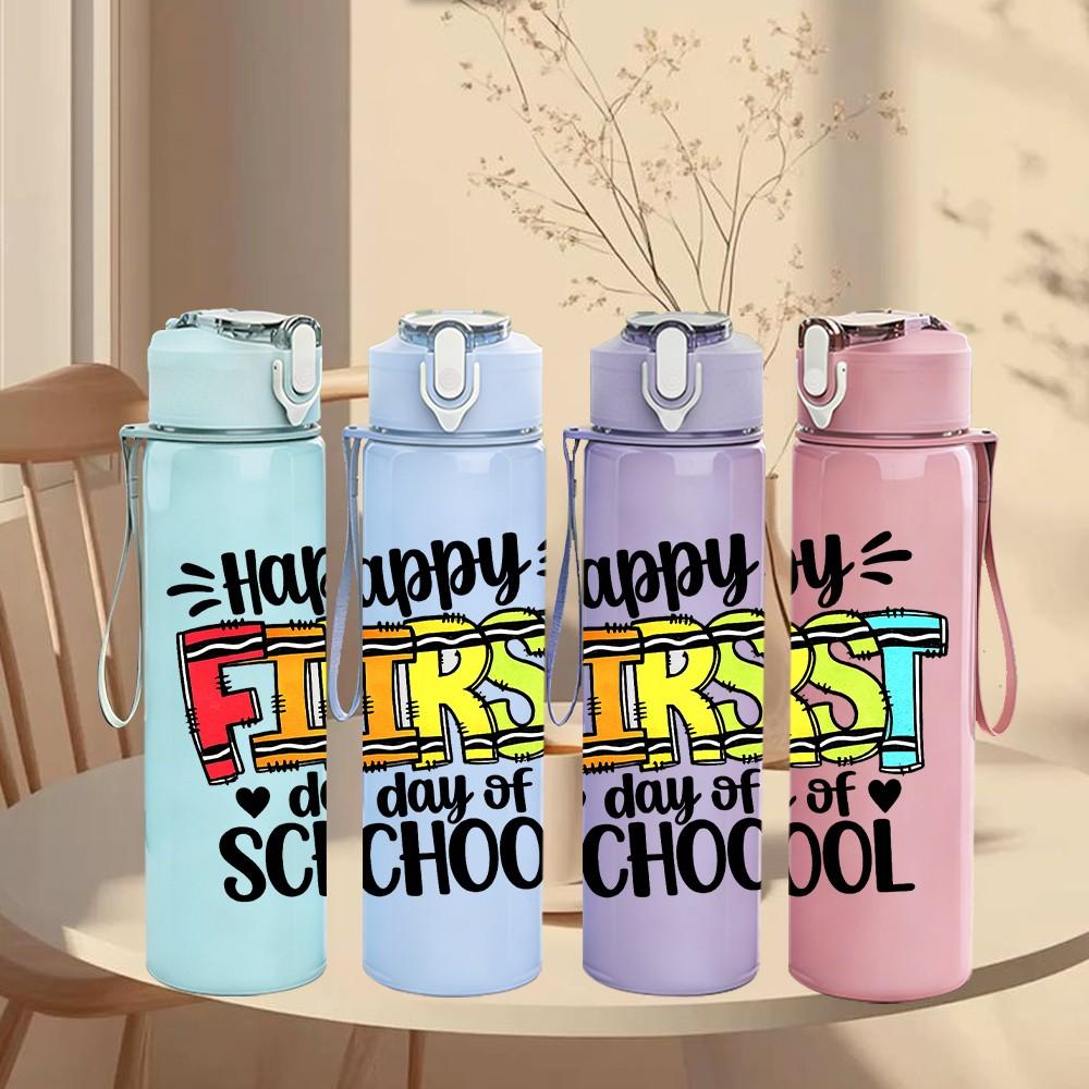 1PC Happy First Day Of School Art 750ml Color Plastic Sports Water Bottle Leakproof Flip Straw Lid Suitable for Sports Office Home Use