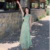 French Green Small Fly-sleeve Floral Dress for Women, a Uniquely Beautiful and Stunning Long Dress for Summer Beach Vacations