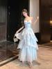 French Blue Glossy Camisole Cake Dress for Girls: Waist-Cinching, Slimming, Perfect for Birthdays & Beach Vacations