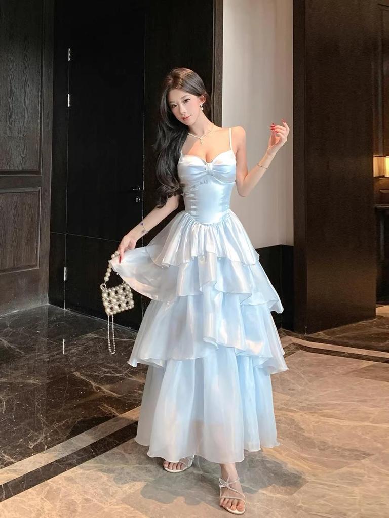 French Blue Glossy Camisole Cake Dress for Girls: Waist-Cinching, Slimming, Perfect for Birthdays & Beach Vacations