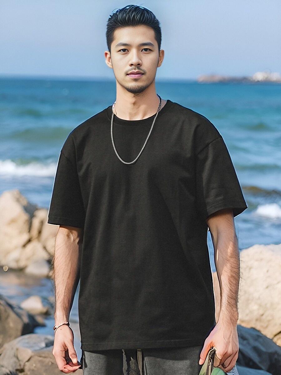 

Хлопковая однотонная эластичная посадка, не мнется, свободная, мужская, с коротким рукавом, модные топы с коротким рукавом, удобная легкая футболка 8XL (recommended 270-150kg) чёрный