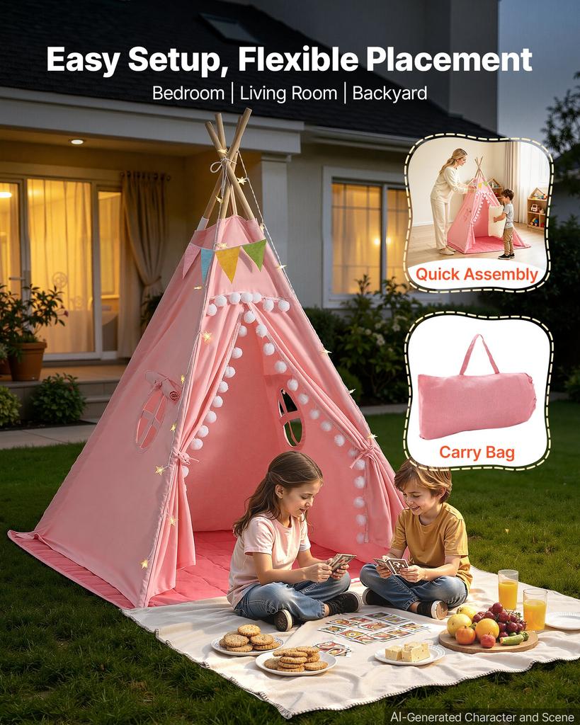 VEVOR Kids Play Tent Pine Wood Teepee Tent for Kids Cotton Canvas Pink, for Toddlers Girls Boys Play, Indoor & Outdoor, with Padded Mat, Stars Lights