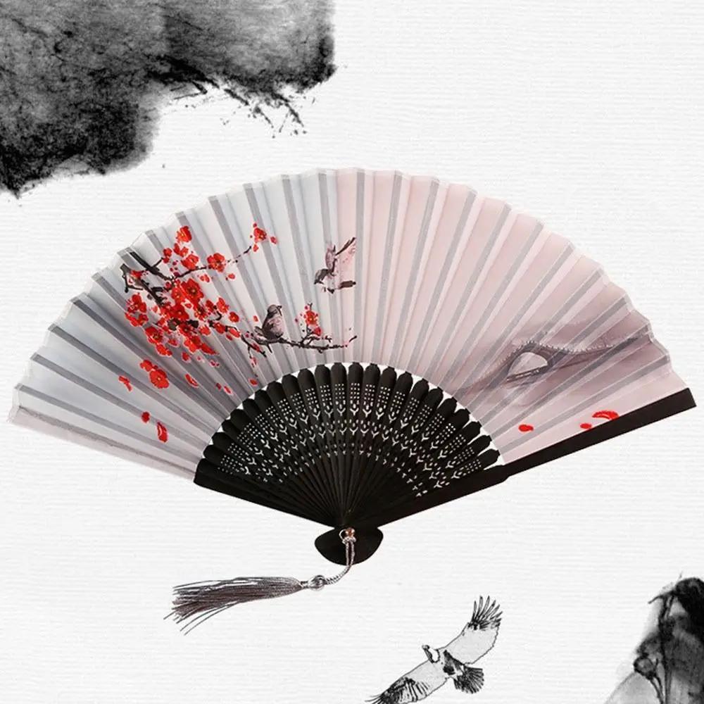Silk Chinese Japanese Folding Fan Colorful Bamboo Vintage Style Folding Fan Hand Fan Tassel Elegent Female Fan