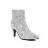 Women Ankle Boots Pointed Toe Chunky High Heels Glitter Zipper Short Boot Ladies Fashion Shoes Autumn Winter Gold Silver