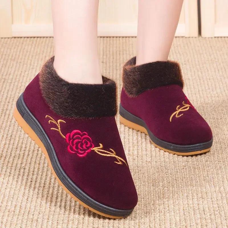 Cizme de iarnă anti-alunecare pentru zăpadă pentru femei Cizme calde cu vârf rotund pentru petrecere a timpului liber Cizme calde de catifea îngroșate de vârstă mijlocie pentru bătrâni