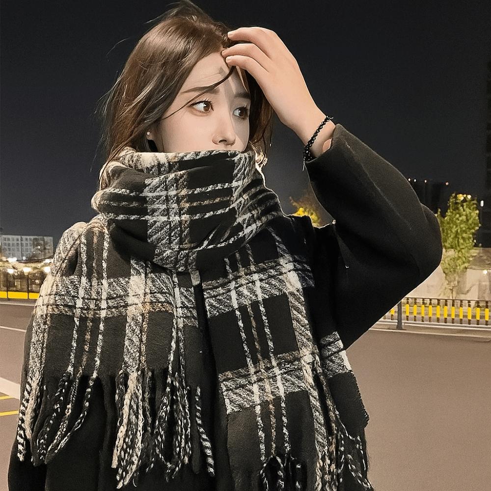 Plush Plaid Wool Scarf Tassel Long Shawl Elegant Winter Cashmere Scarves Girl