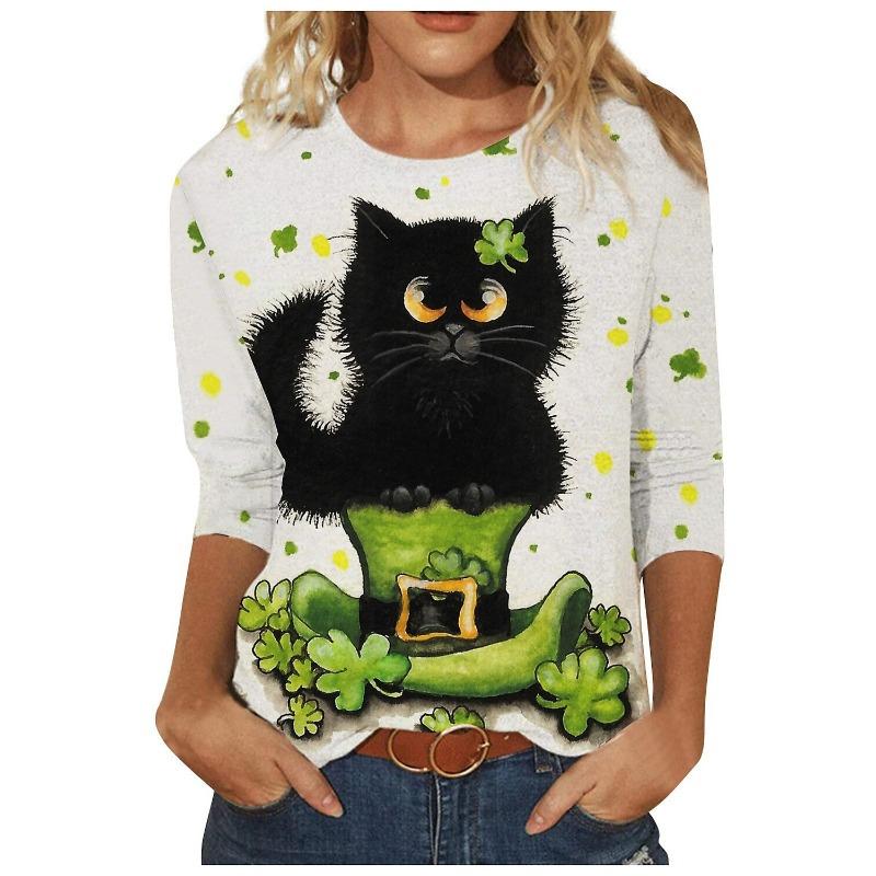 Round Neck 3D Cat Printed Top Casual Long Sleeved Women's T-shirts - Soft Medium Stretch Polyester Fabric Spring and Autumn Relaxed Fit Clothing