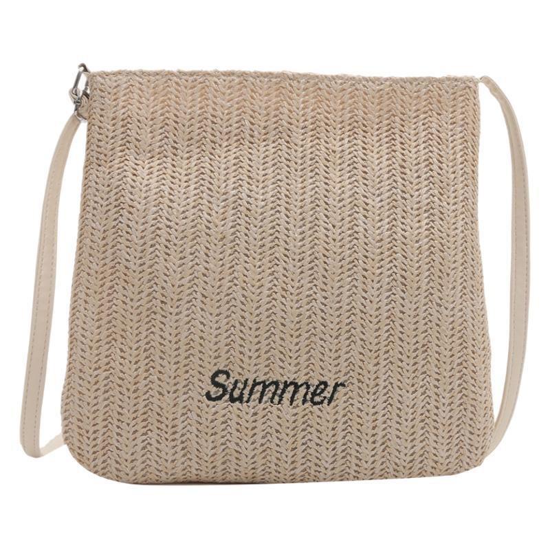Woven Bag Women's New Large-capacity Letter Shoulder Bag Outdoor Leisure Lightweight Inclined Bucket Bag