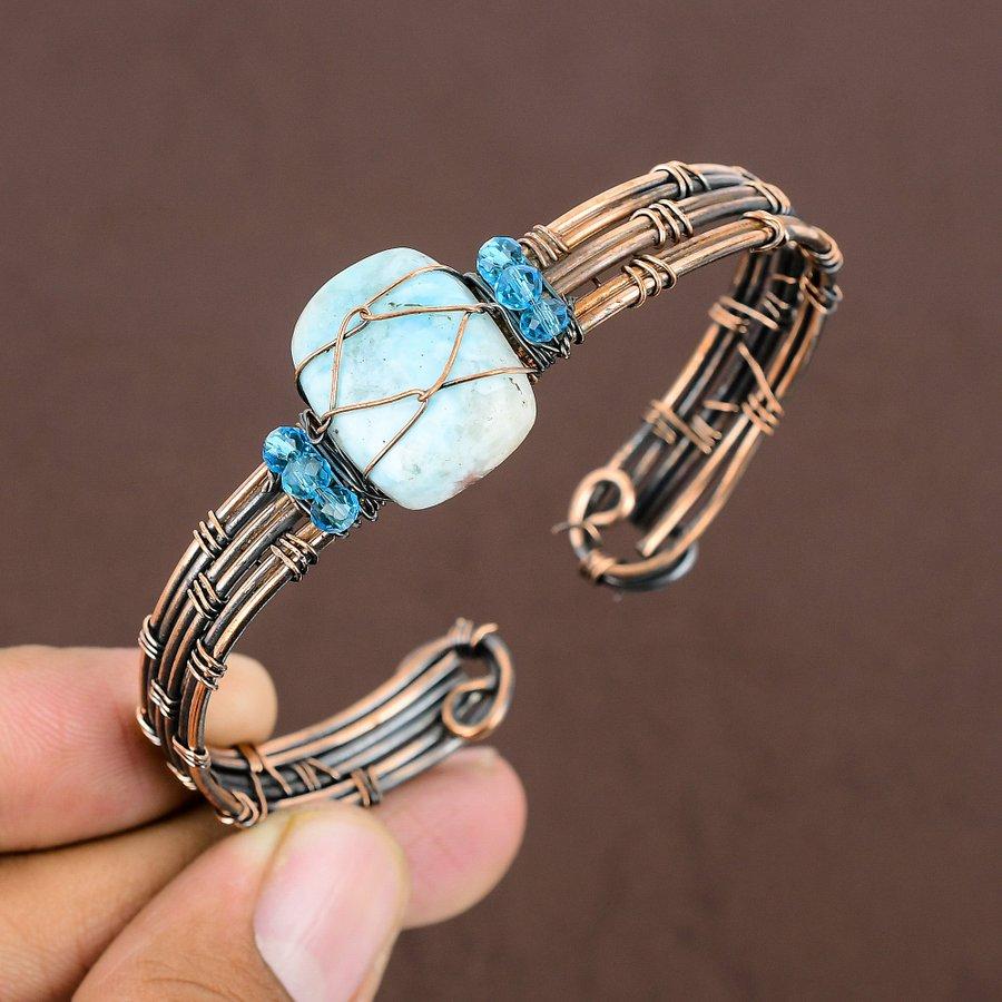 Naturlig Karibisk Larimar Ädelsten Koppartrådsinlindad Armring Justerbar W4K23