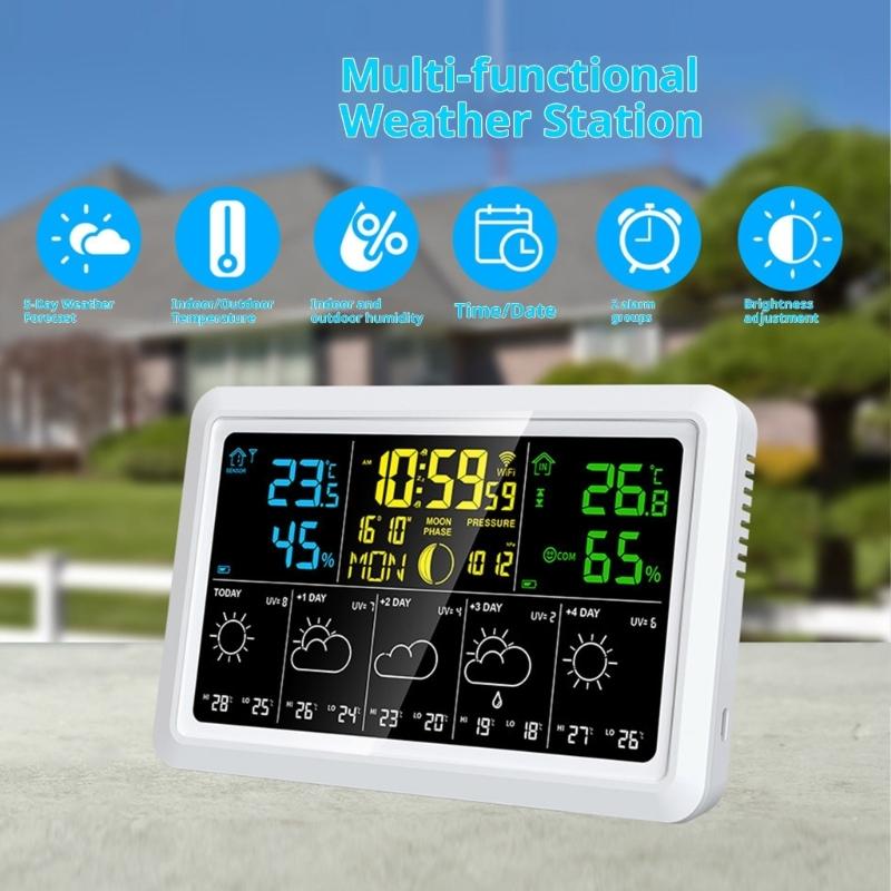 WiFi Weather Stations With Indoor Outdoor Temperature Hygrometer Alarm Clock And Weather Forecast Function